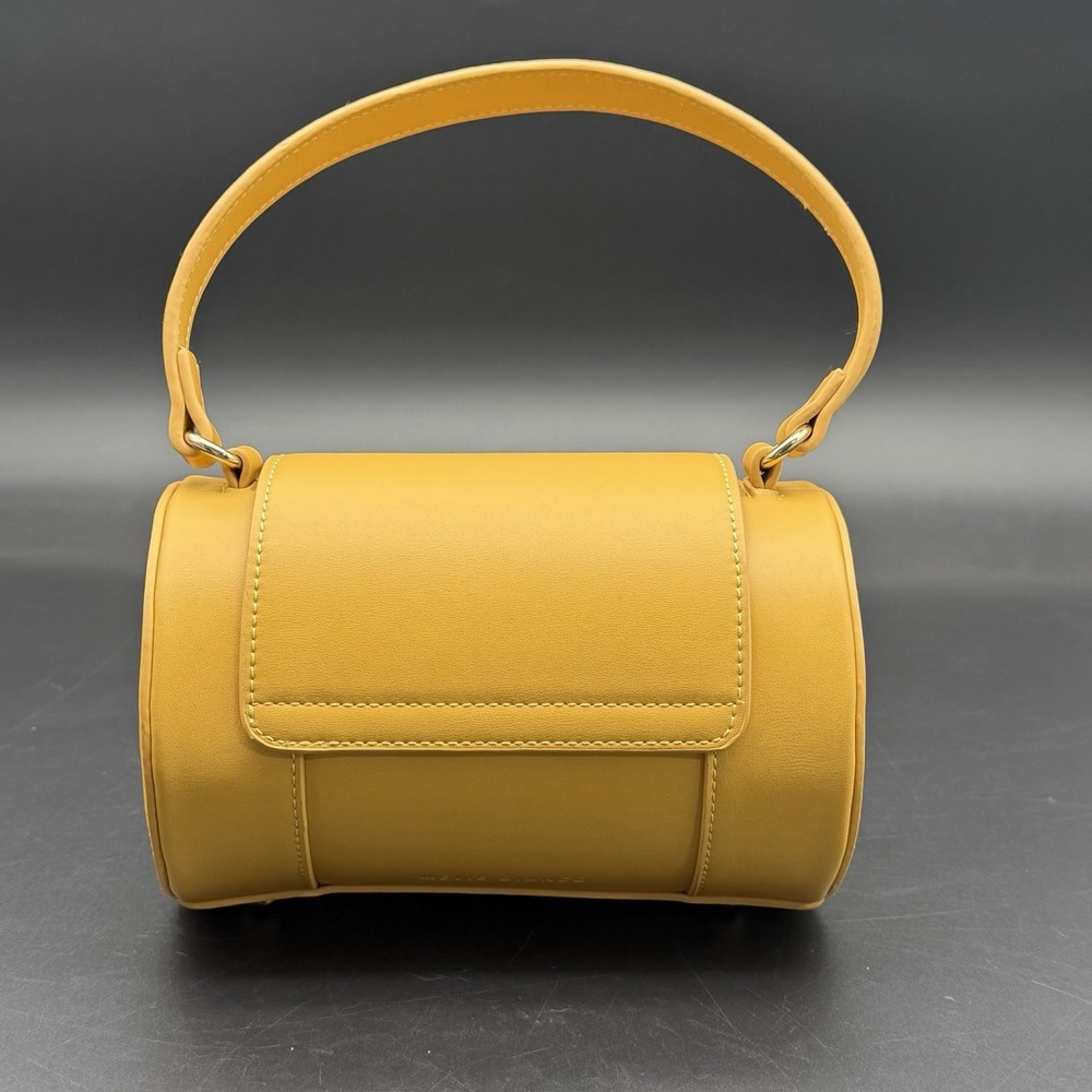 Melie Bianco Yellow Vegan Leather Barrel Bag Top Handle Cylinder Flap Purse